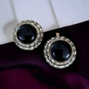 Vintage 1950s Mid Century Round Black Acrylic Bead Rhinestone Clip On Earrings
